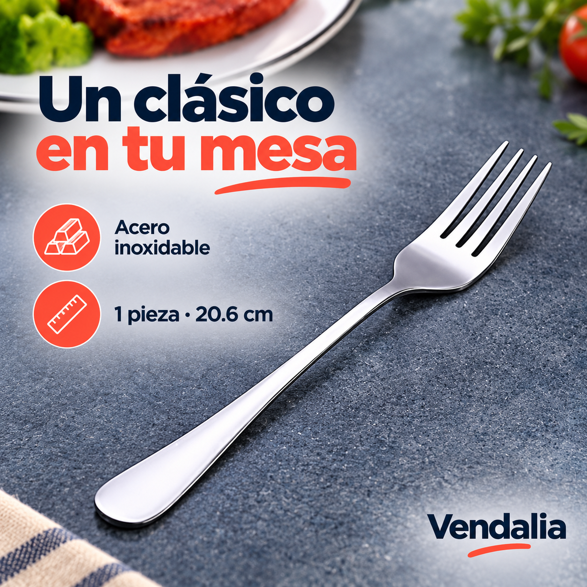 Tenedor de mesa de acero inoxidable, una pieza de 20.6 cm — Vendalia