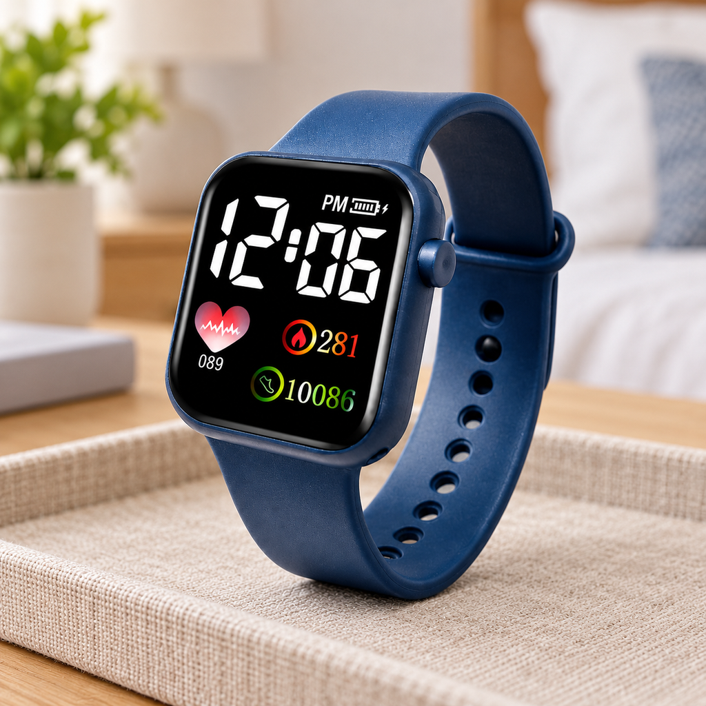 Reloj Digital Azul oscuro en ambiente de hogar — Vendalia