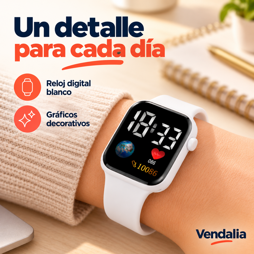Reloj digital blanco con pantalla negra en la muñeca — Vendalia