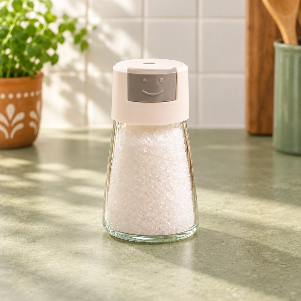 Frasco dosificador de especias en cocina verde
