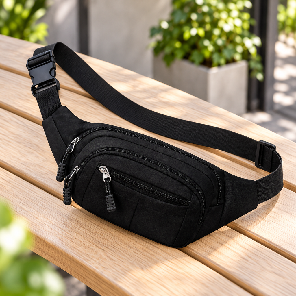Bolsa Cangurera Multifuncional Unisex negra en ambiente Vendalia