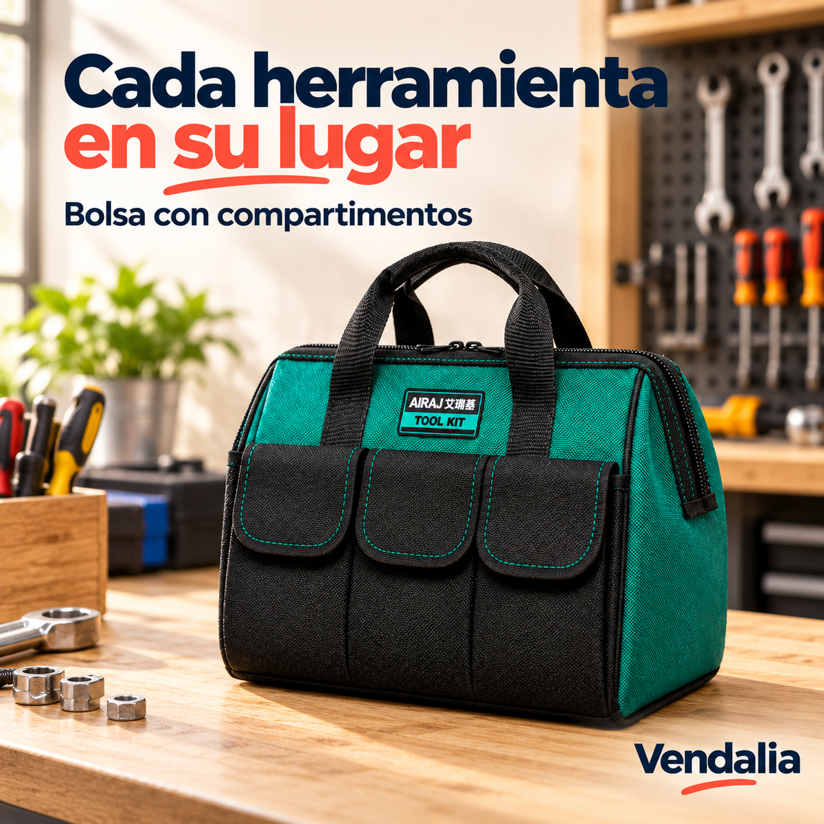 Bolsa para herramientas verde y negra — presentación Vendalia