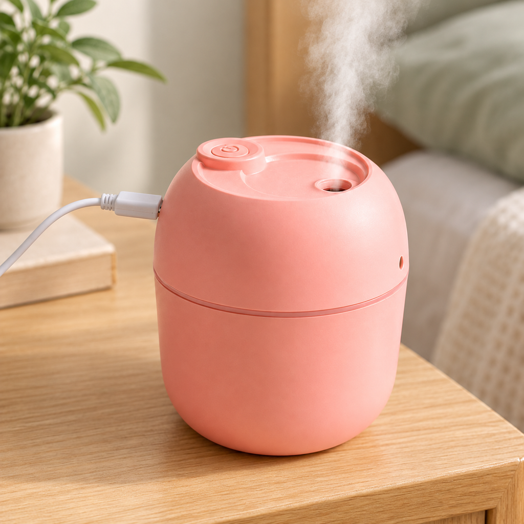 Humidificador Mini en ambiente de hogar — Vendalia. El humidificador funciona conectado por USB; no es recargable.