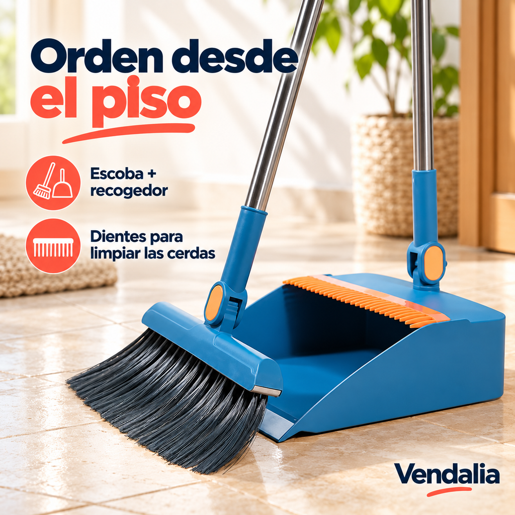 Escoba y recogedor azul con detalles naranja · Vendalia