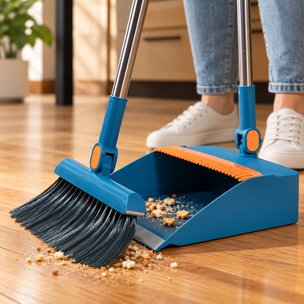 Escoba azul en uso junto al recogedor sobre el piso · Vendalia