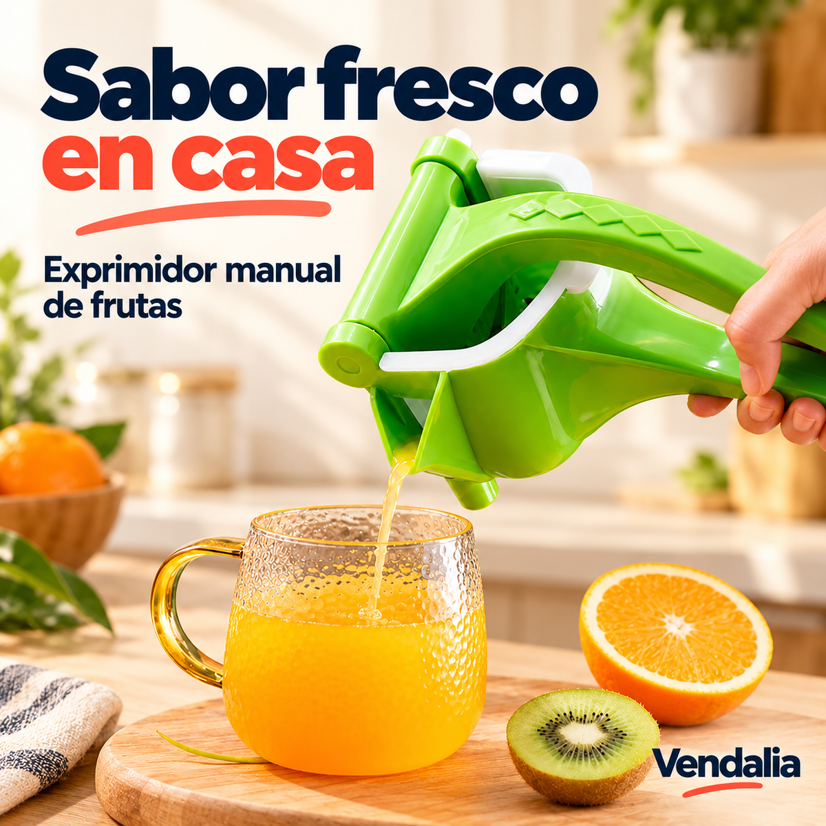 Exprimidor manual verde con recipiente y palanca. Vendalia.