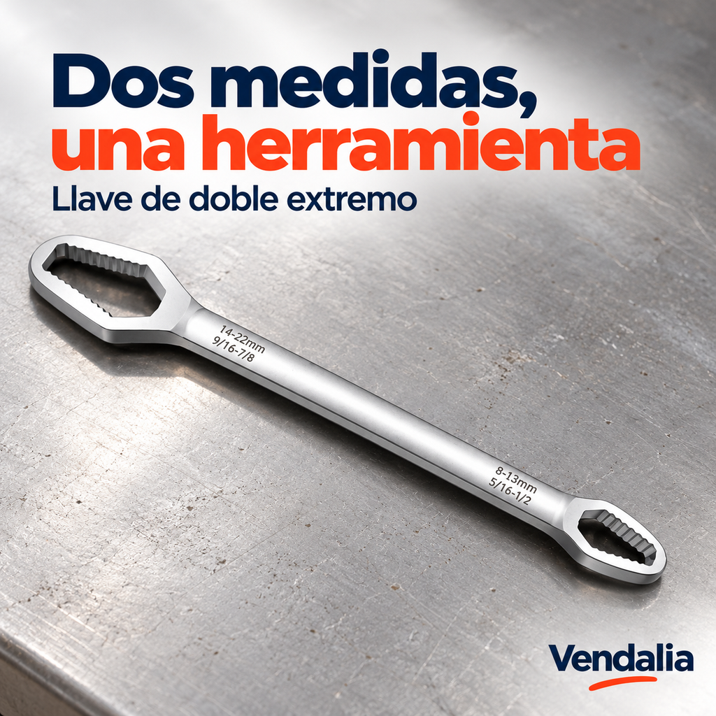 Llave universal plateada de doble boca — presentación Vendalia