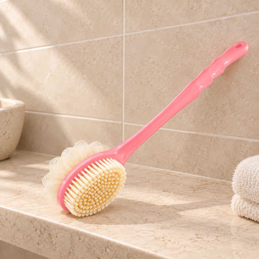 Cepillo de Baño Doble Cara con Mango Largo en ambiente de hogar — Vendalia