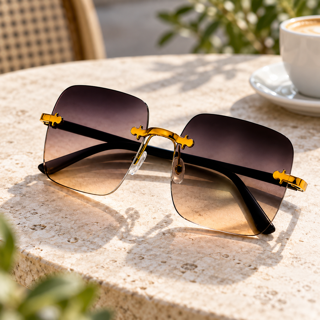 Gafas de Sol Cuadradas Café/beige en ambiente de hogar — Vendalia