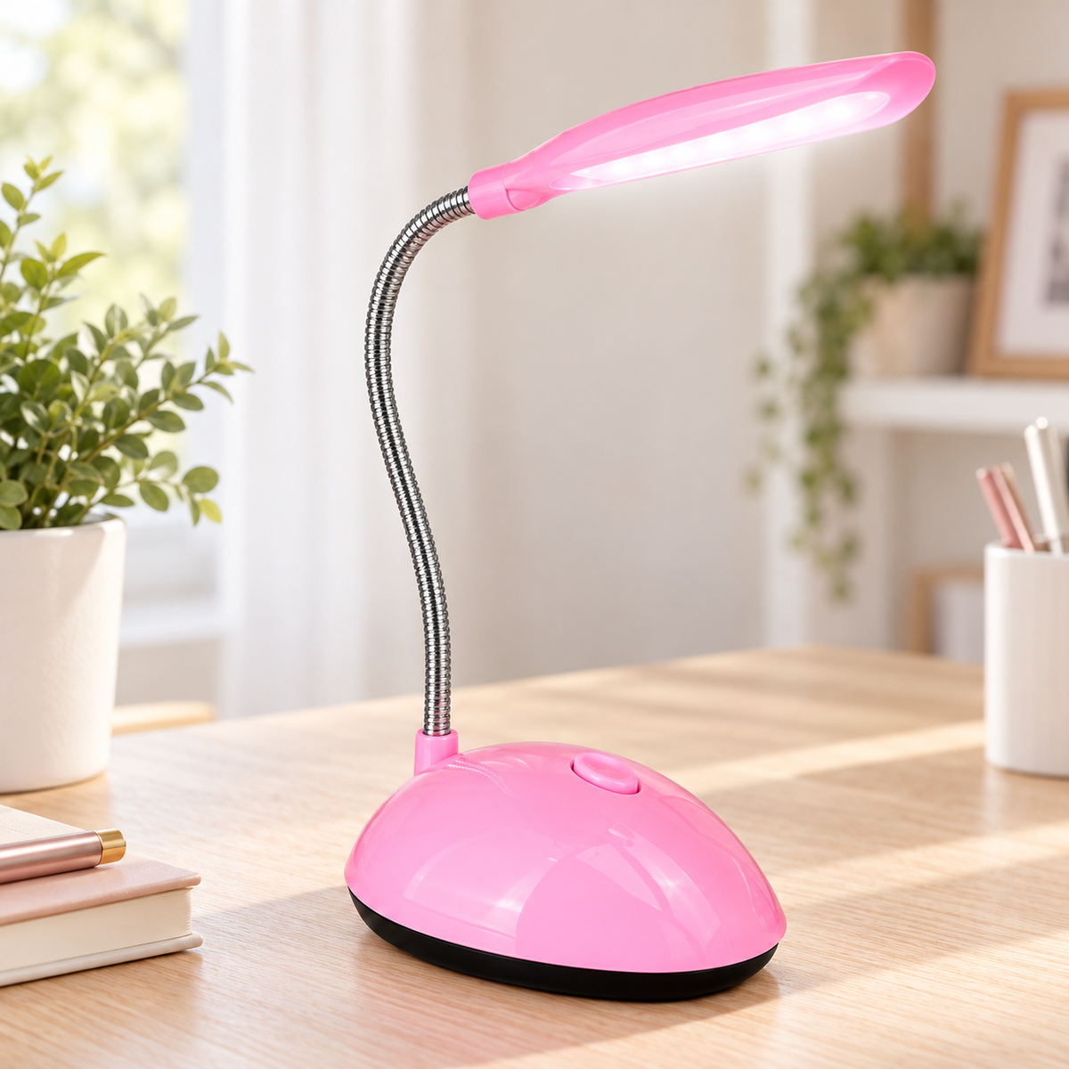 Lámpara LED con cuello flexible rosa en ambiente de hogar — Vendalia