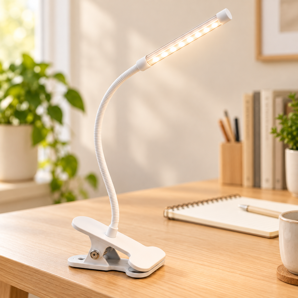 Lámpara LED con Clip y Brazo Flexible en ambiente de hogar — Vendalia