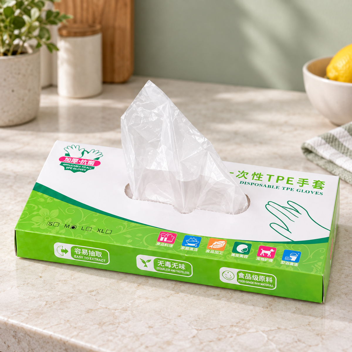 Guantes Descartables de Plástico TPE - Cajita con 100 piezas en ambiente de hogar — Vendalia