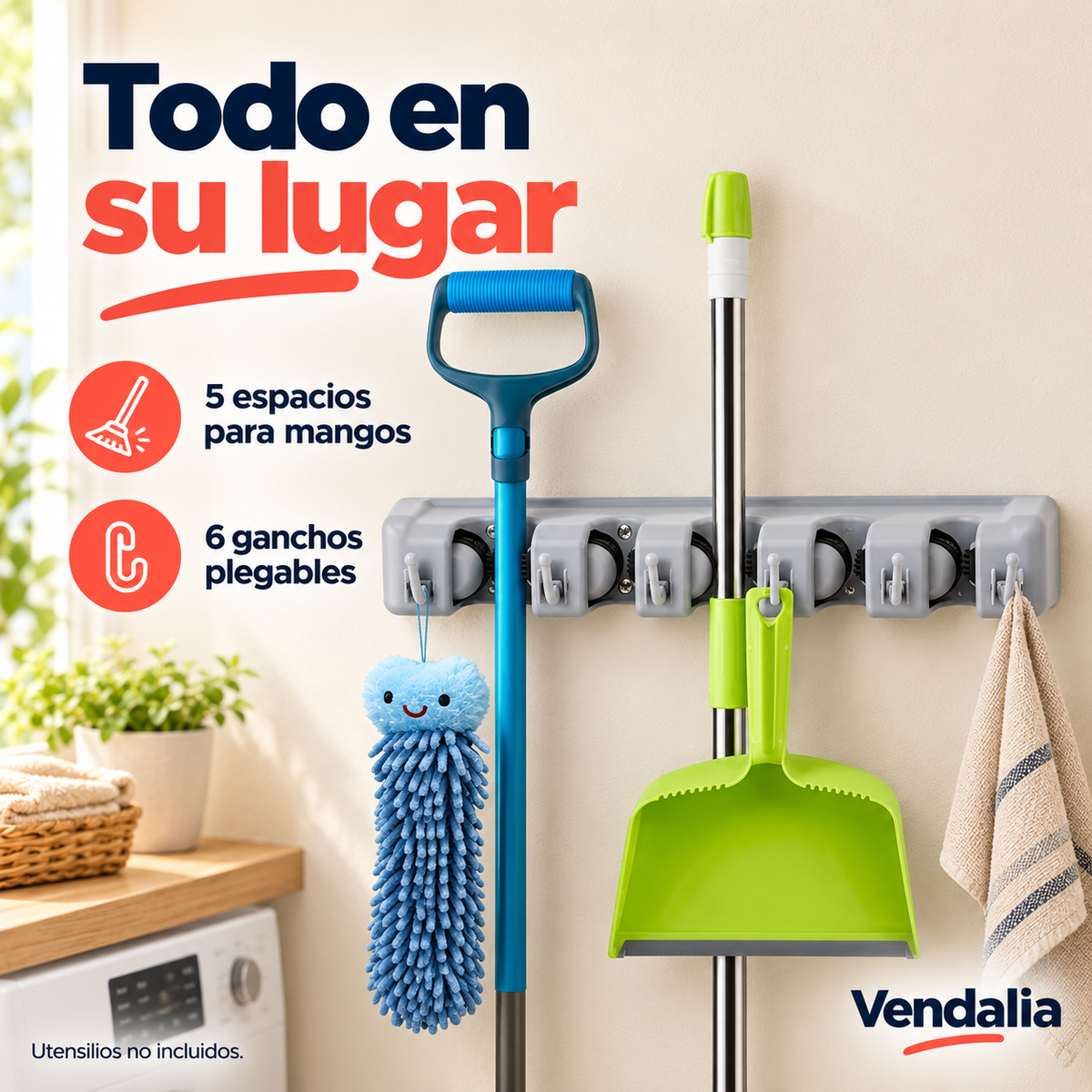 Organizador de escobas con 5 ranuras y 6 ganchos; utensilios de ambientación no incluidos — Vendalia