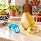 Pelador de frutas turquesa en cocina luminosa