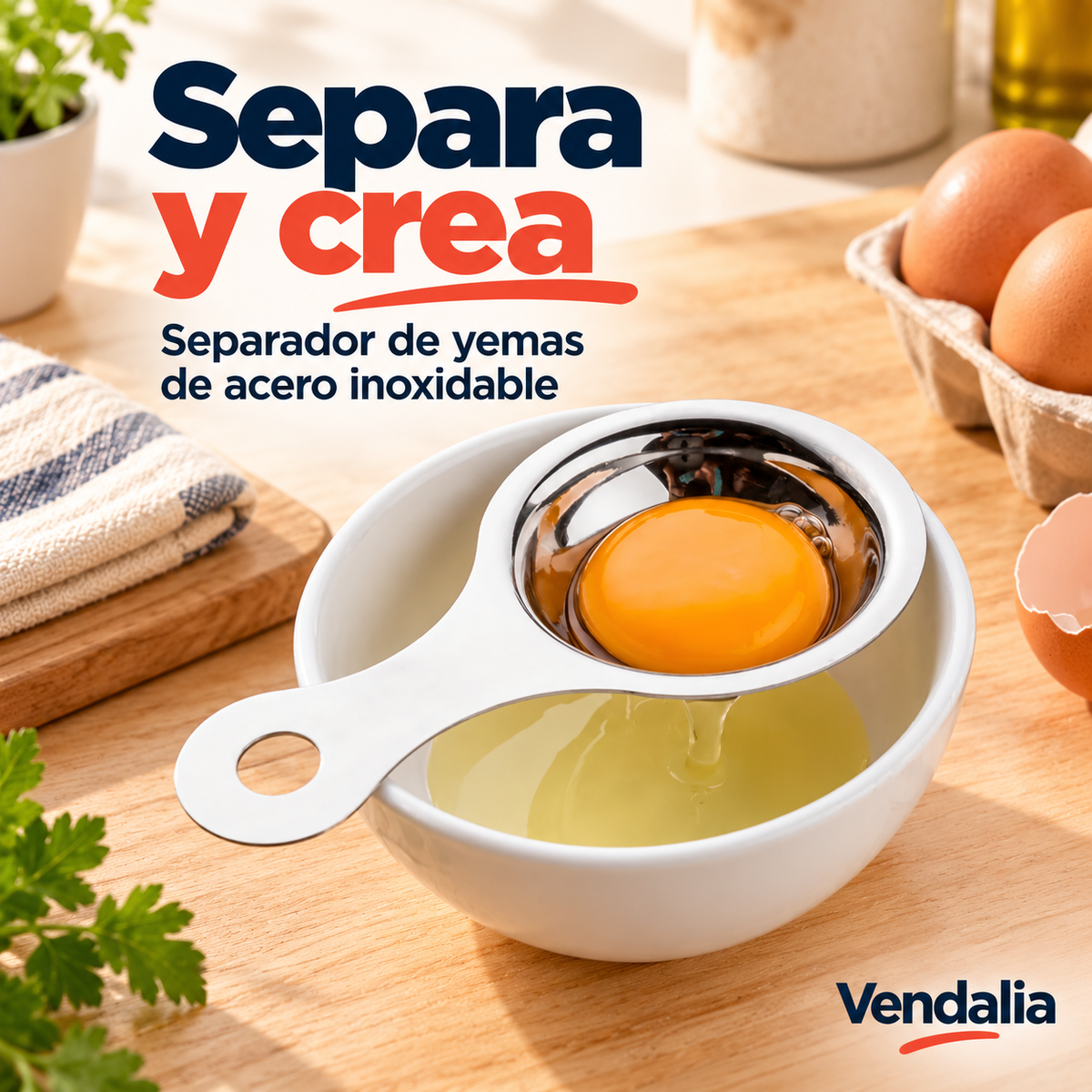 Separador de yemas de acero inoxidable. Vendalia.