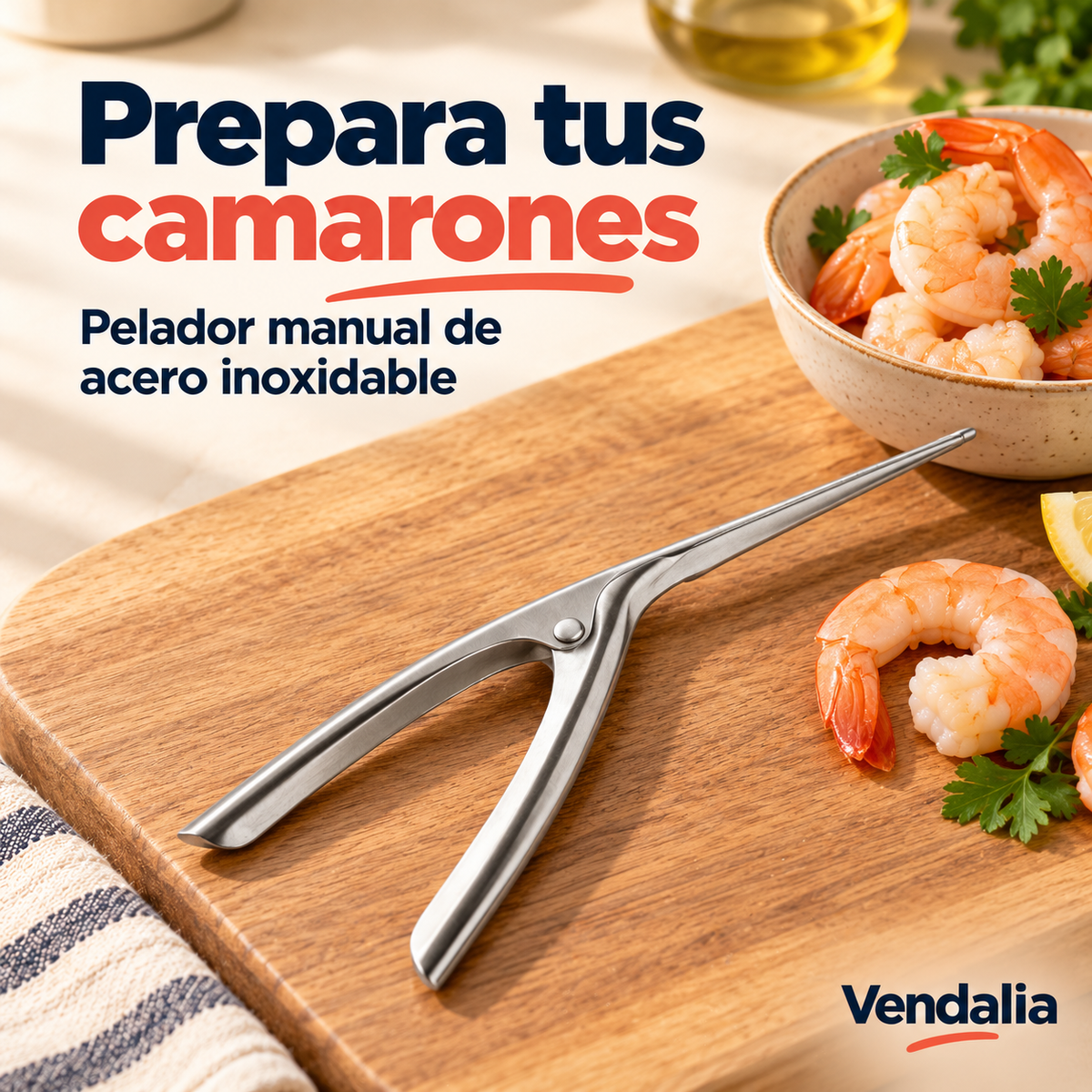 Pelador de camarones de acero inoxidable. Vendalia.