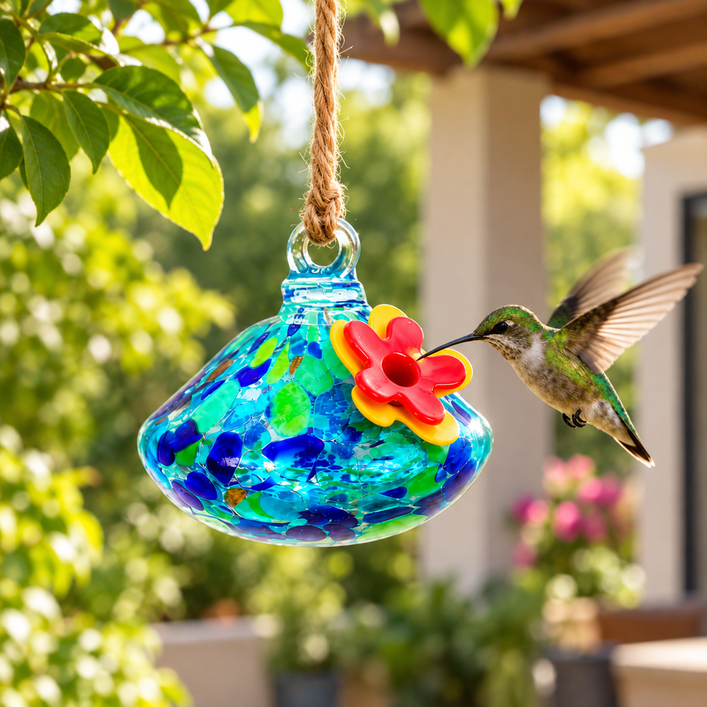 Alimentador de Colibrí Azul y Verde en ambiente Vendalia