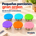 Set de seis mini recipientes de acero con tapas de silicona surtidas. Vendalia.