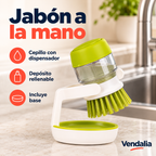 Cepillo dispensador de jabón verde y blanco con base — Vendalia