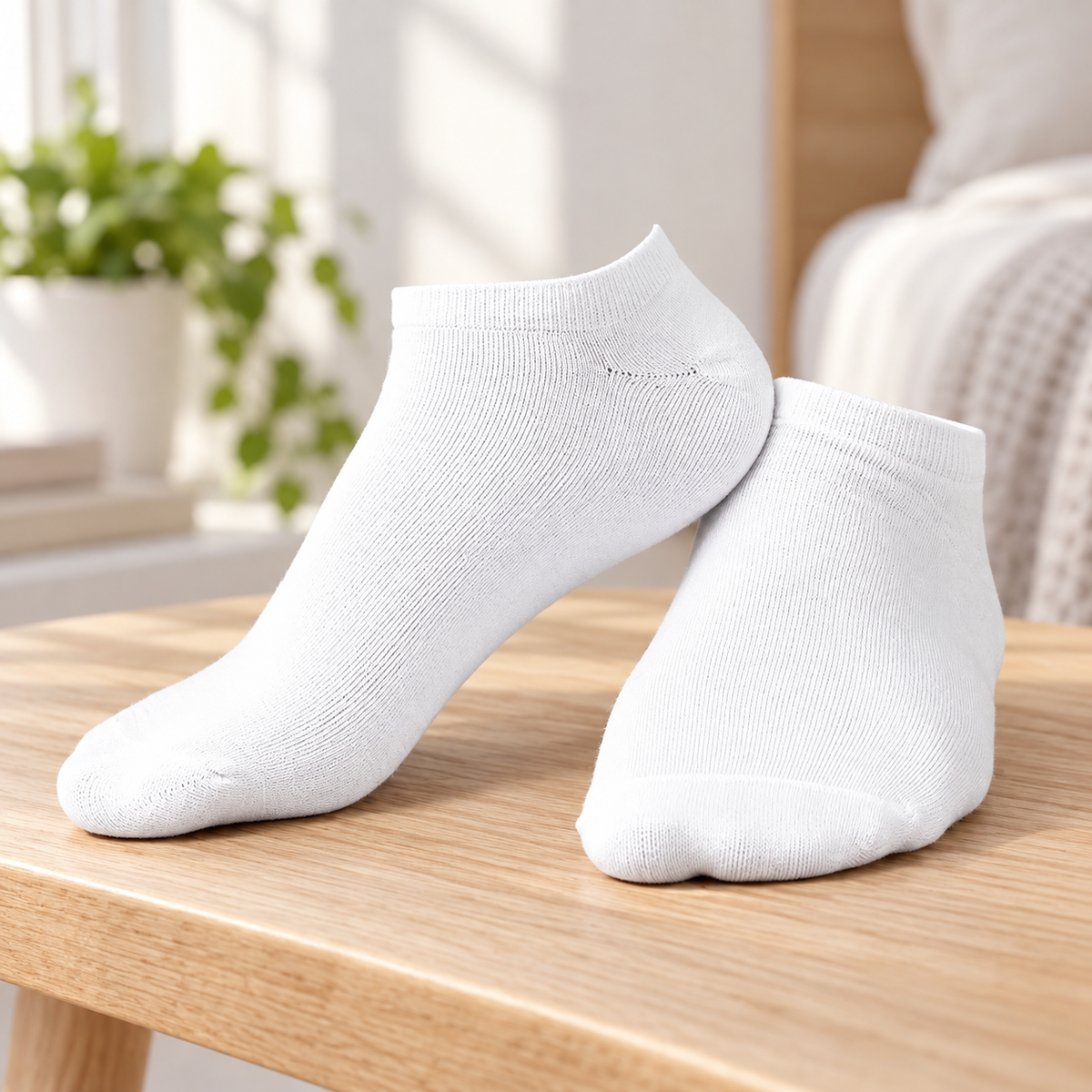 Calcetines tobilleros blancos unisex · Caja de 6 pares. Fotografía del modelo en ambiente Vendalia.