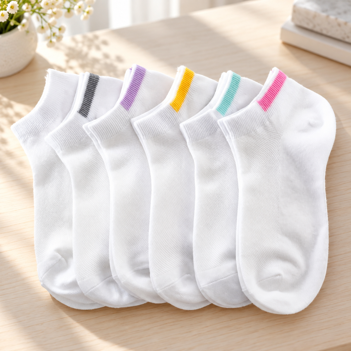 Calcetas Tobilleras Blancas con Detalle de Color · Caja de 6 pares. Vista de muestra del modelo; el precio corresponde a la presentación indicada.