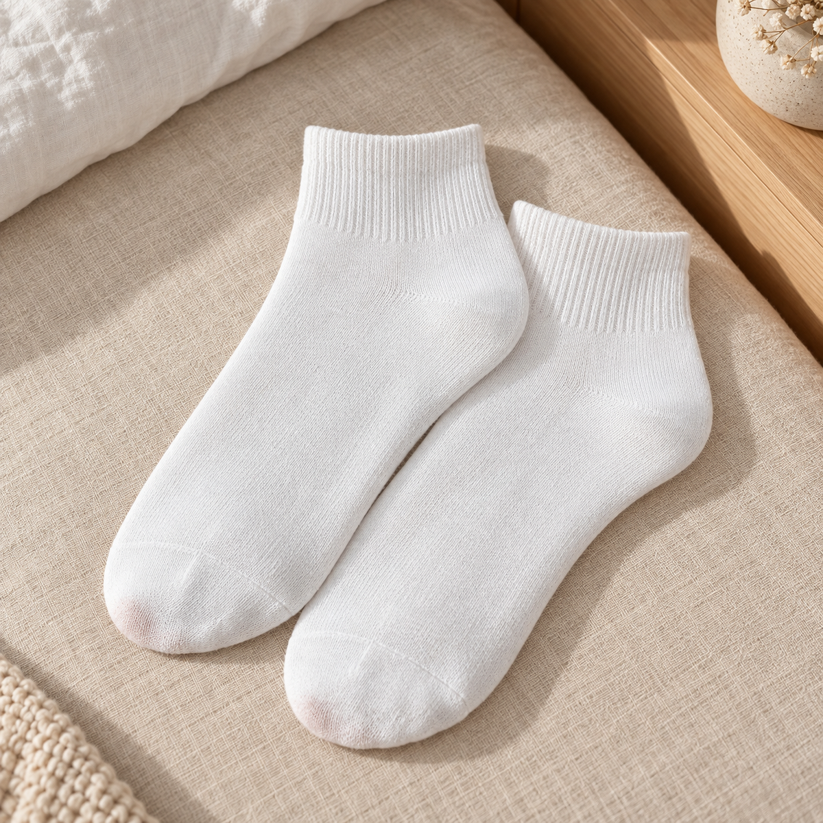 Calcetas Blancas Tobilleras Unisex · Caja de 5 pares; foto de muestra del diseño en ambiente Vendalia