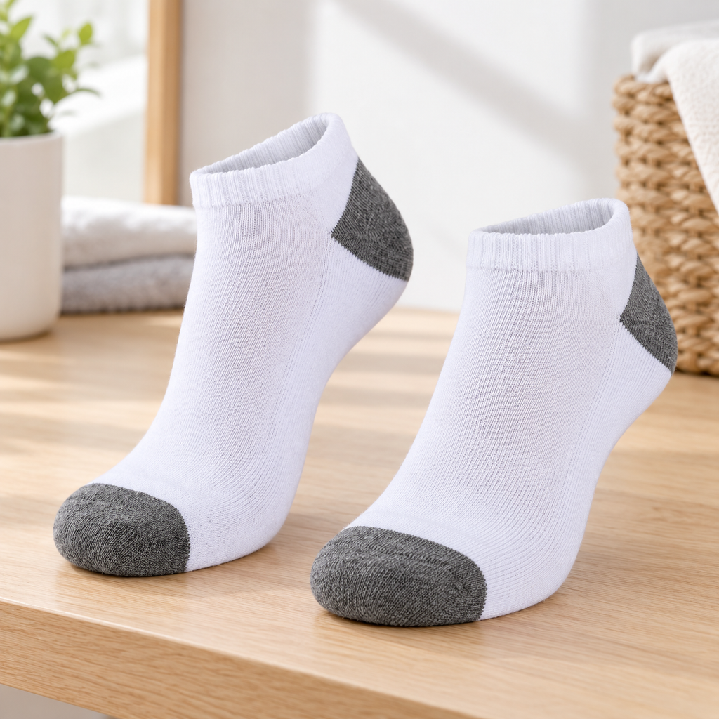 Calcetas Tobilleras blanco con detalles gris · Caja de 5 pares. Vista de muestra del modelo; el precio corresponde a la presentación indicada.