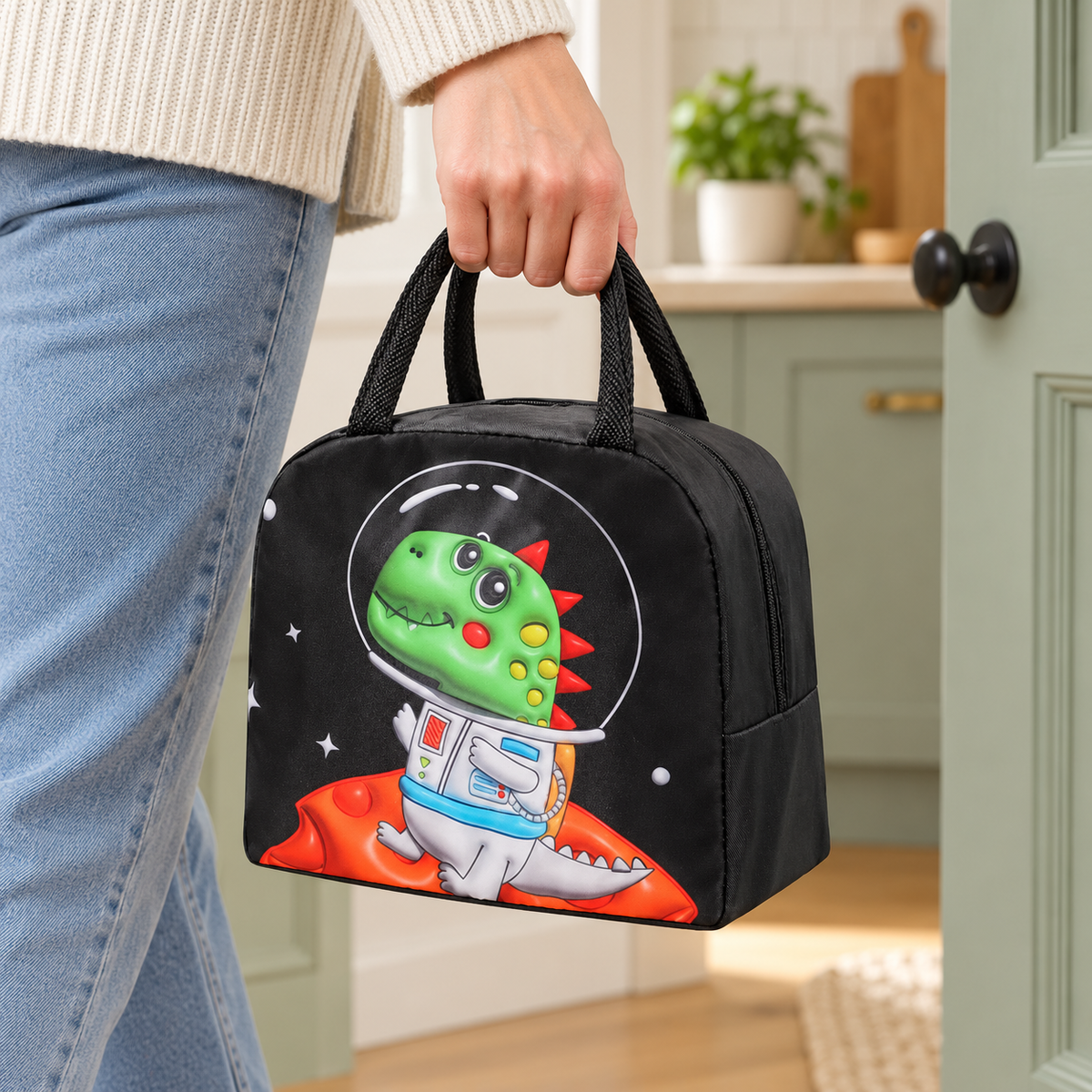 Lonchera negra con dinosaurio astronauta — detalle — Vendalia — SKU 50453