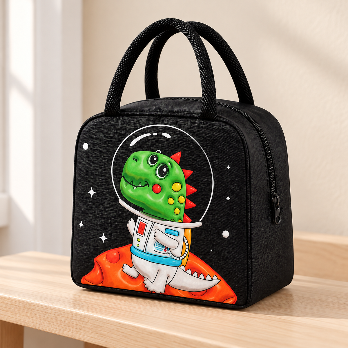 Lonchera Infantil con Diseño de Dinosaurio Espacial en ambiente de hogar — Vendalia