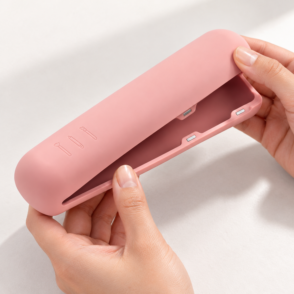 Estuche de silicón para brochas — vista de detalle. Rosa ilustrativo; color al azar.