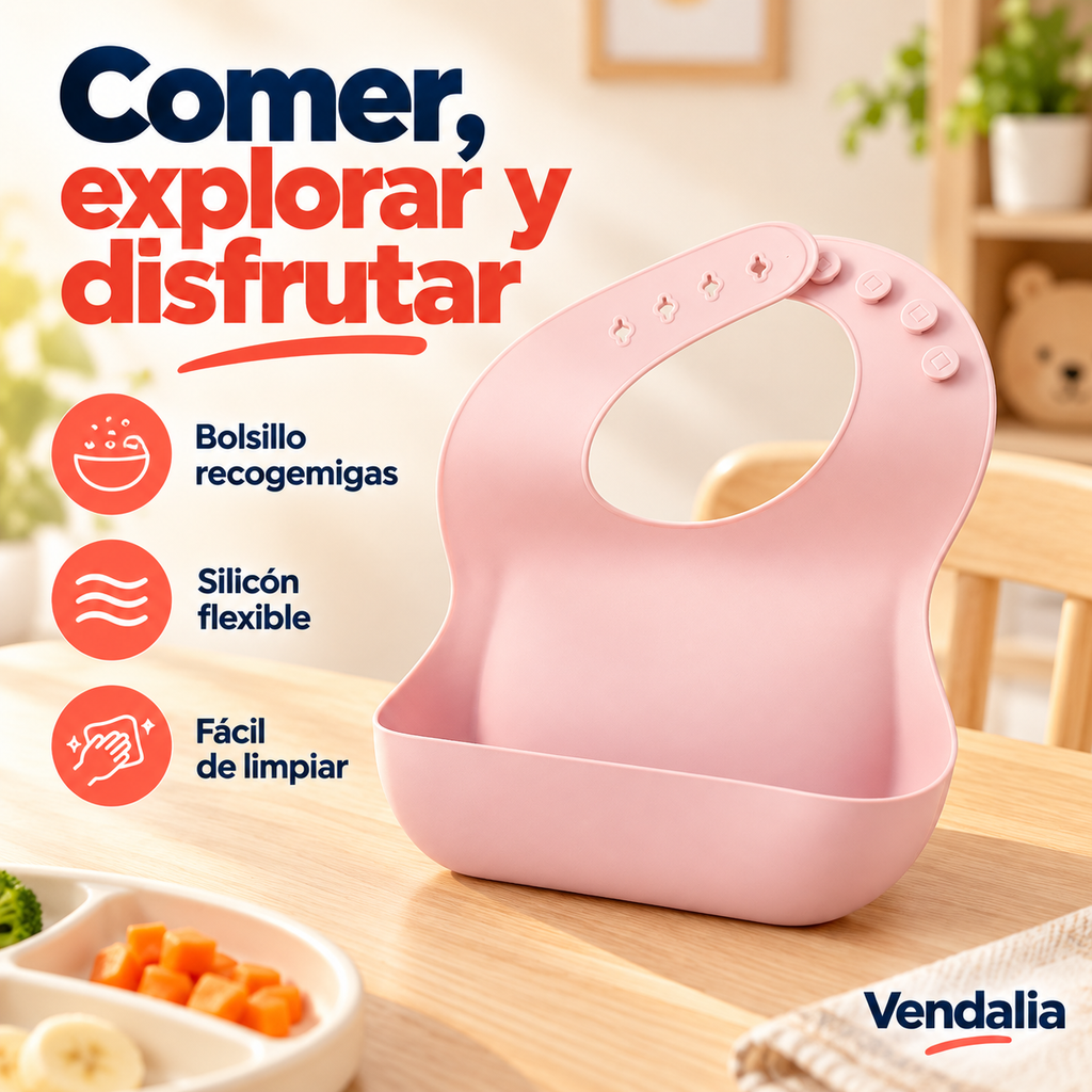 Babero rosa de silicón con bolsillo — portada Vendalia