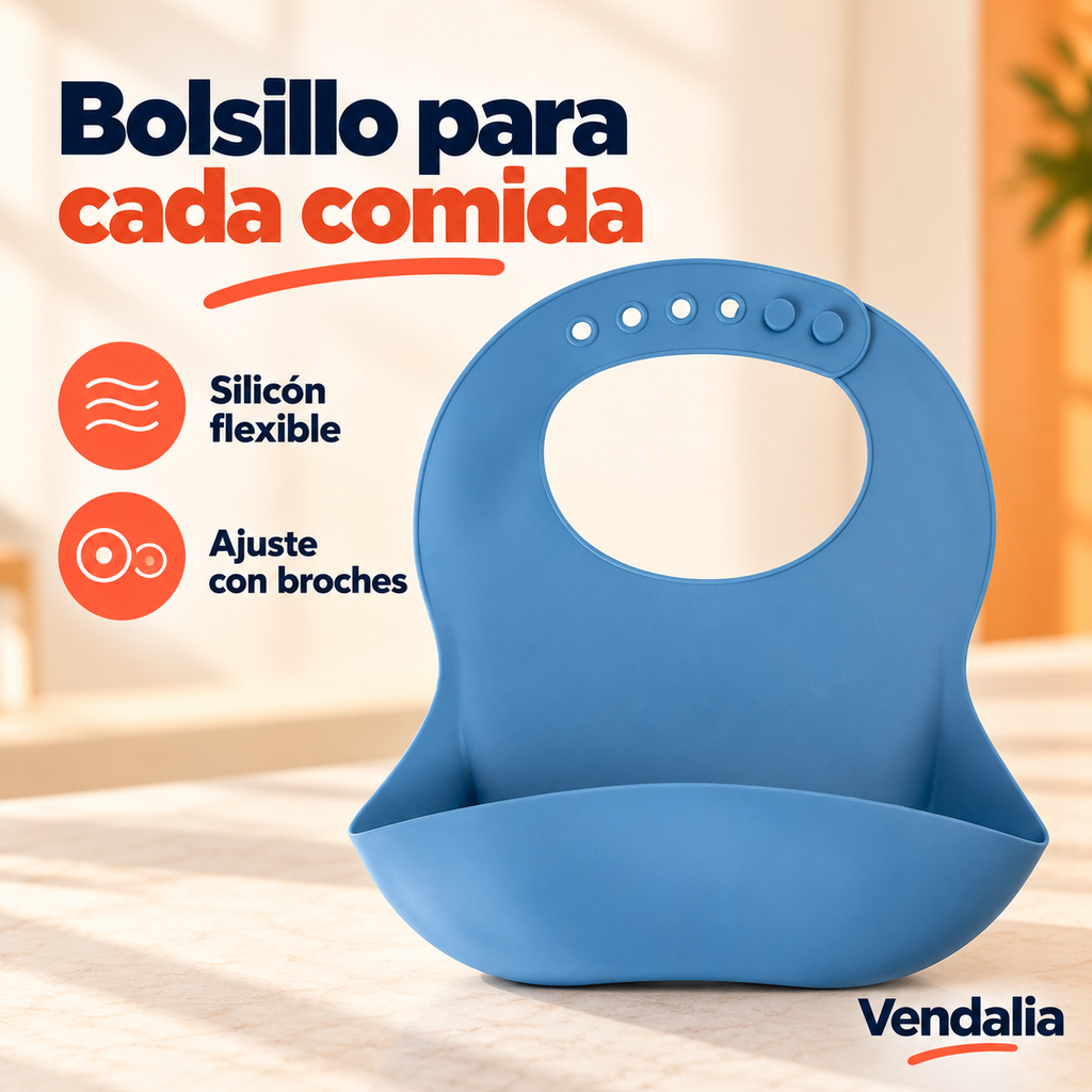 Babero de silicón azul con bolsillo y broches redondos · Vendalia