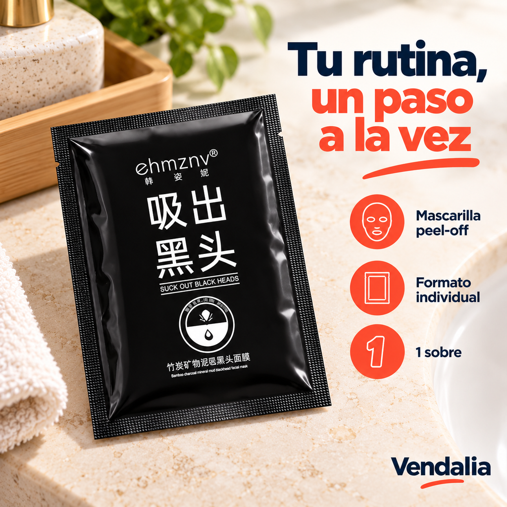 Mascarilla peel-off en sobre individual negro — portada Vendalia