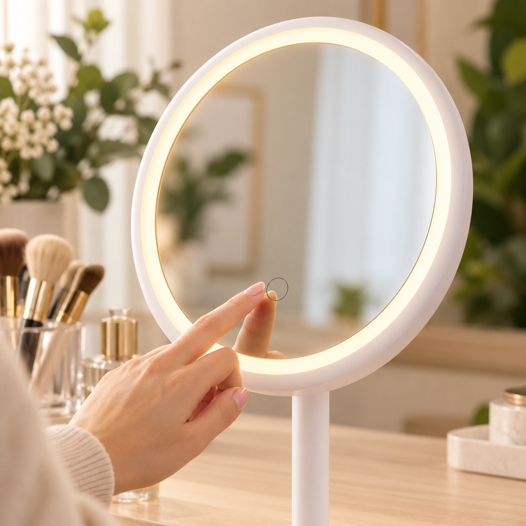 Detalle del control táctil y aro LED del espejo blanco · Vendalia