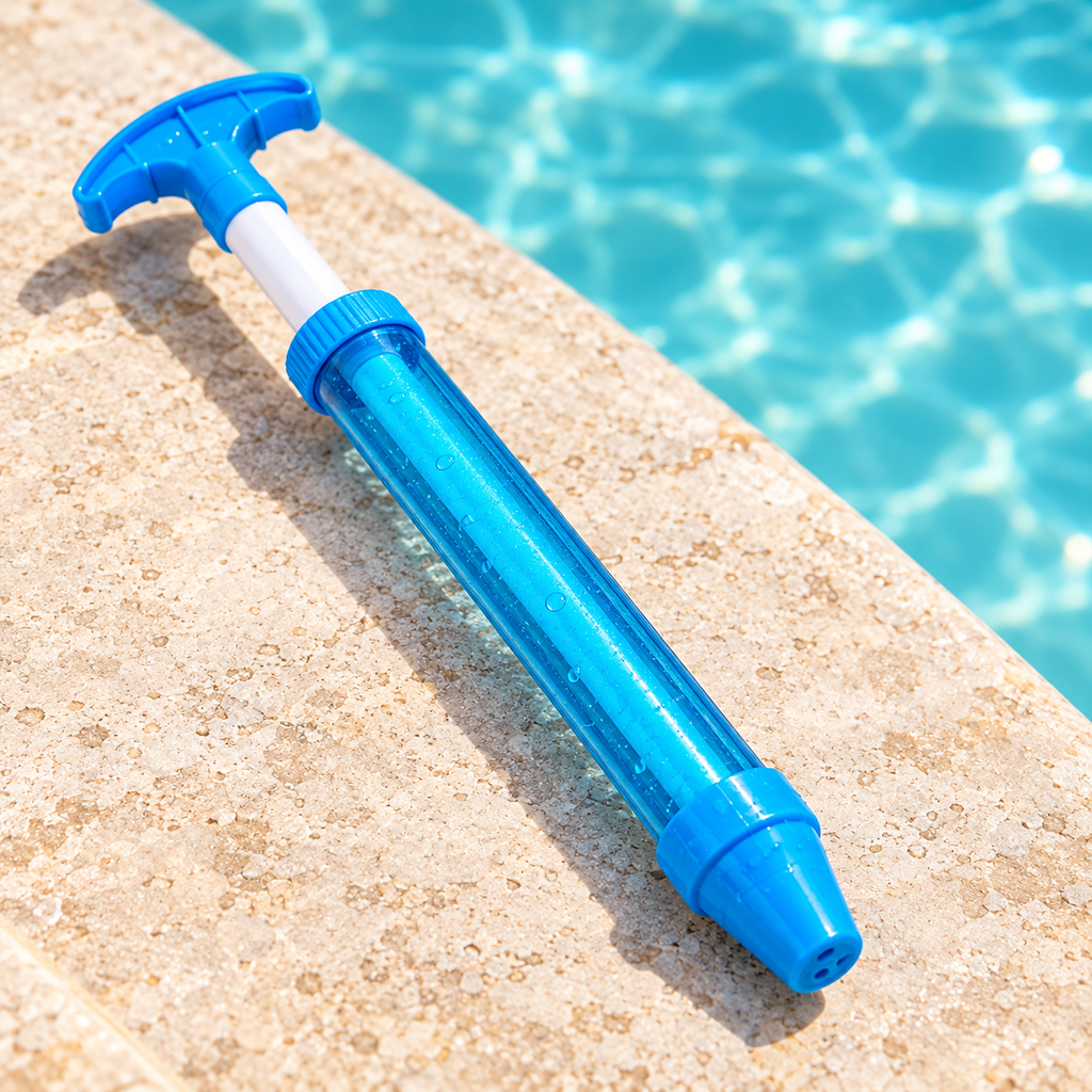 Lanzador de agua extensible azul en ambiente de piscina — Vendalia. Se entrega una pieza en color surtido al azar, según disponibilidad.