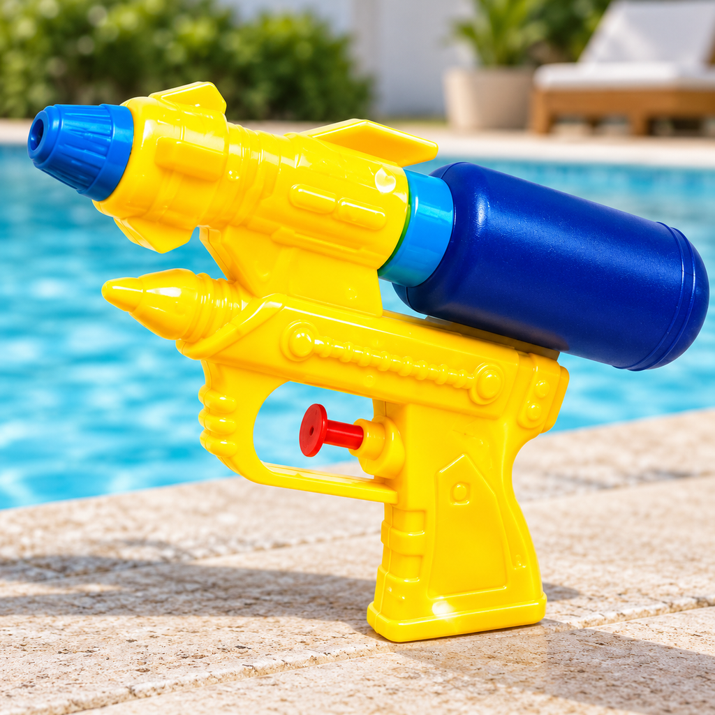 Pistola de agua amarilla con depósito azul, ejemplo de color; envío al azar según disponibilidad