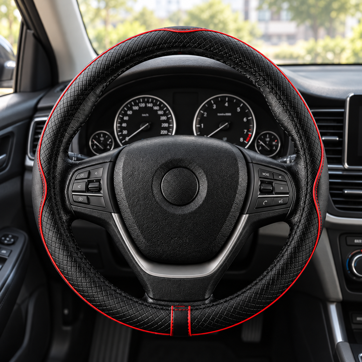 Cubrevolante negro con detalles rojos, ejemplo de instalación — Vendalia