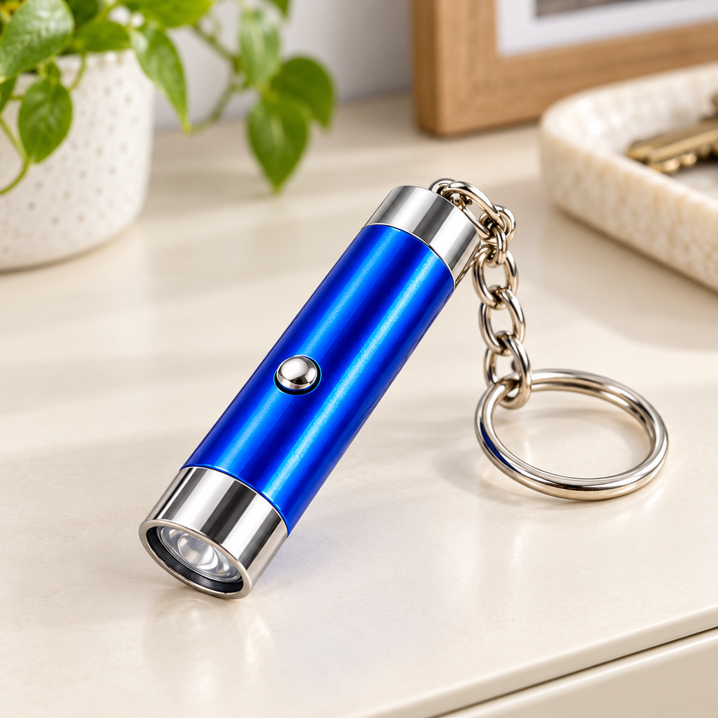 Mini linterna ultravioleta en ambiente de hogar — Vendalia. La fotografía muestra un ejemplo en azul; el color se envía al azar según disponibilidad del proveedor.