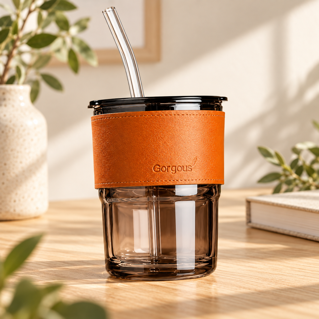 Vaso de Vidrio con Tapa, Popote y Funda · fotografía ambientada de Vendalia · SKU 51017