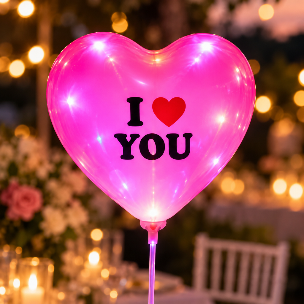 Globos LED con Forma de Corazón · Paquete de 50 piezas en ambiente de hogar — Vendalia. La fotografía muestra un globo inflado como ejemplo. La venta corresponde al paquete de 50 piezas en colores surtidos según disponibilidad.