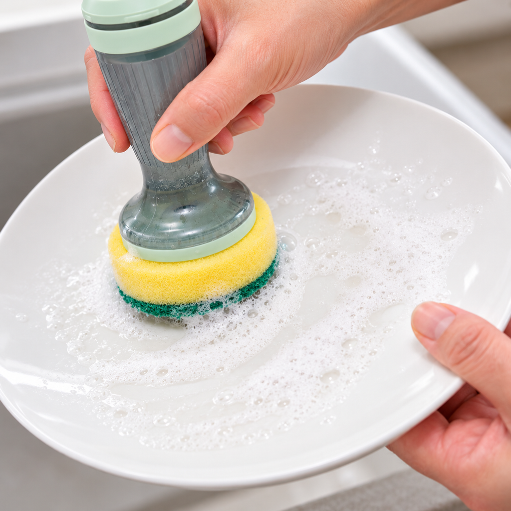 Cepillo dispensador usando cabezal de esponja en un plato