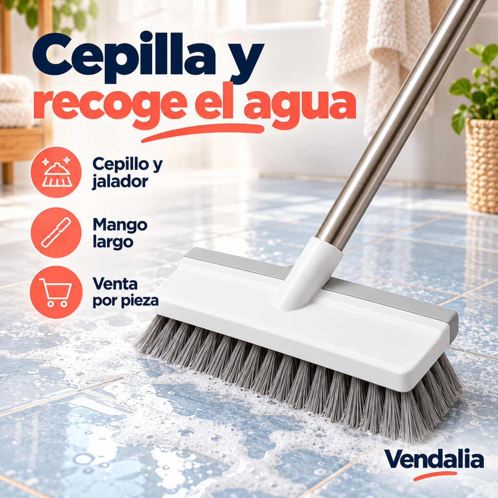 Cepillo con mango largo, cabezal blanco y gris — Presentación Vendalia