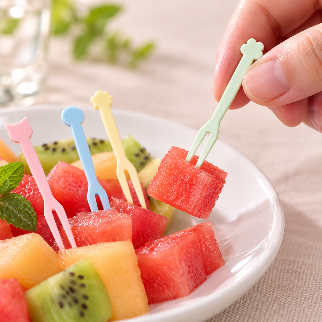 Mini tenedores surtidos en colores pastel — Vista de uso; alimentos y accesorios de ambientación no incluidos