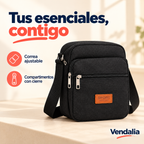 Bandolera negra con compartimentos — Presentación Vendalia — SKU 51067