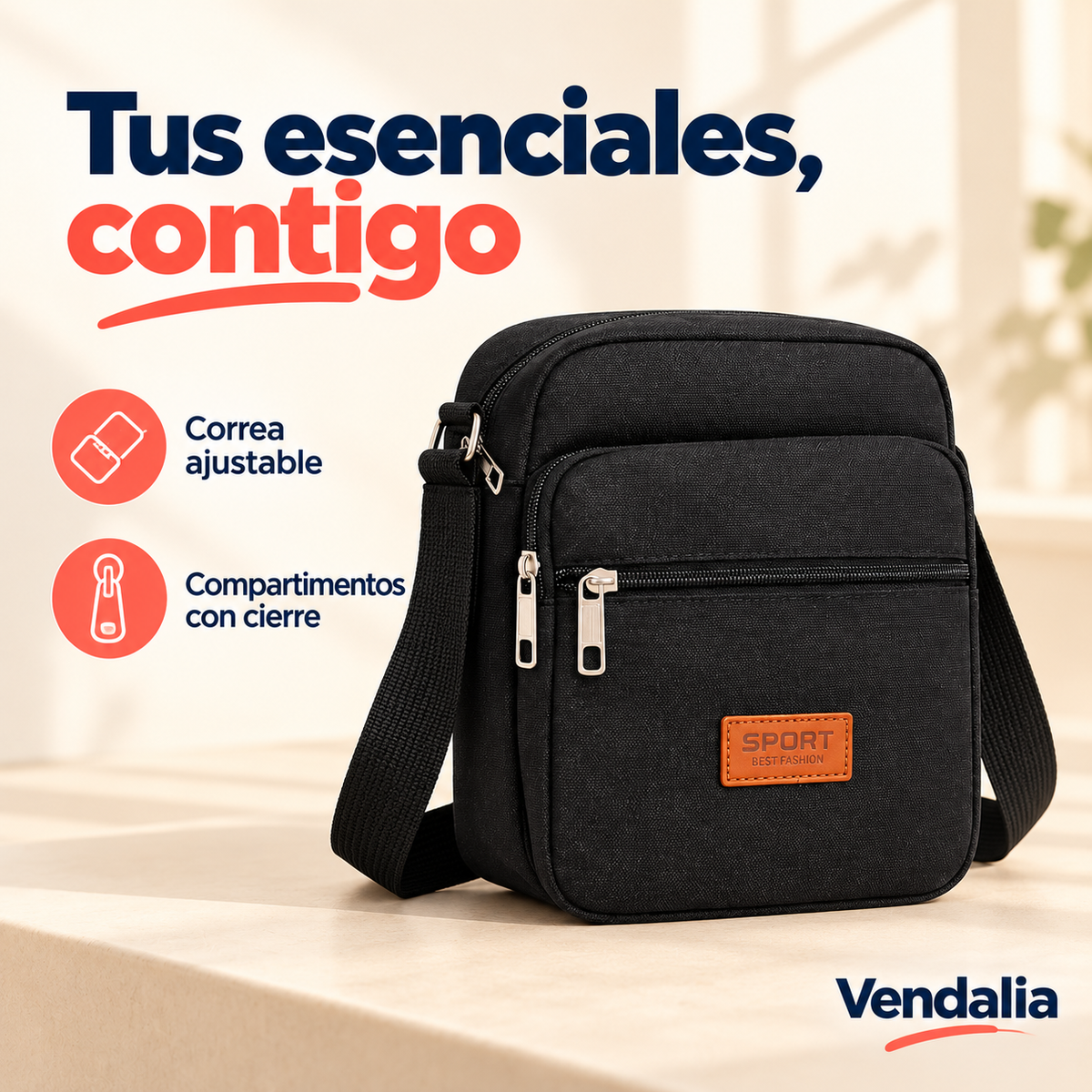 Bandolera negra con compartimentos — Presentación Vendalia — SKU 51067