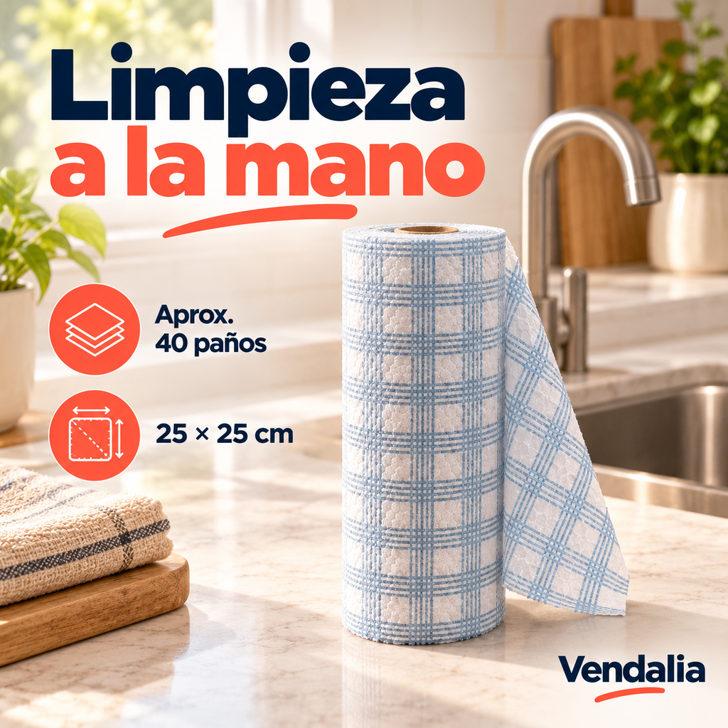 Toallas reutilizables en rollo · aproximadamente 40 paños de 25 × 25 cm · Vendalia