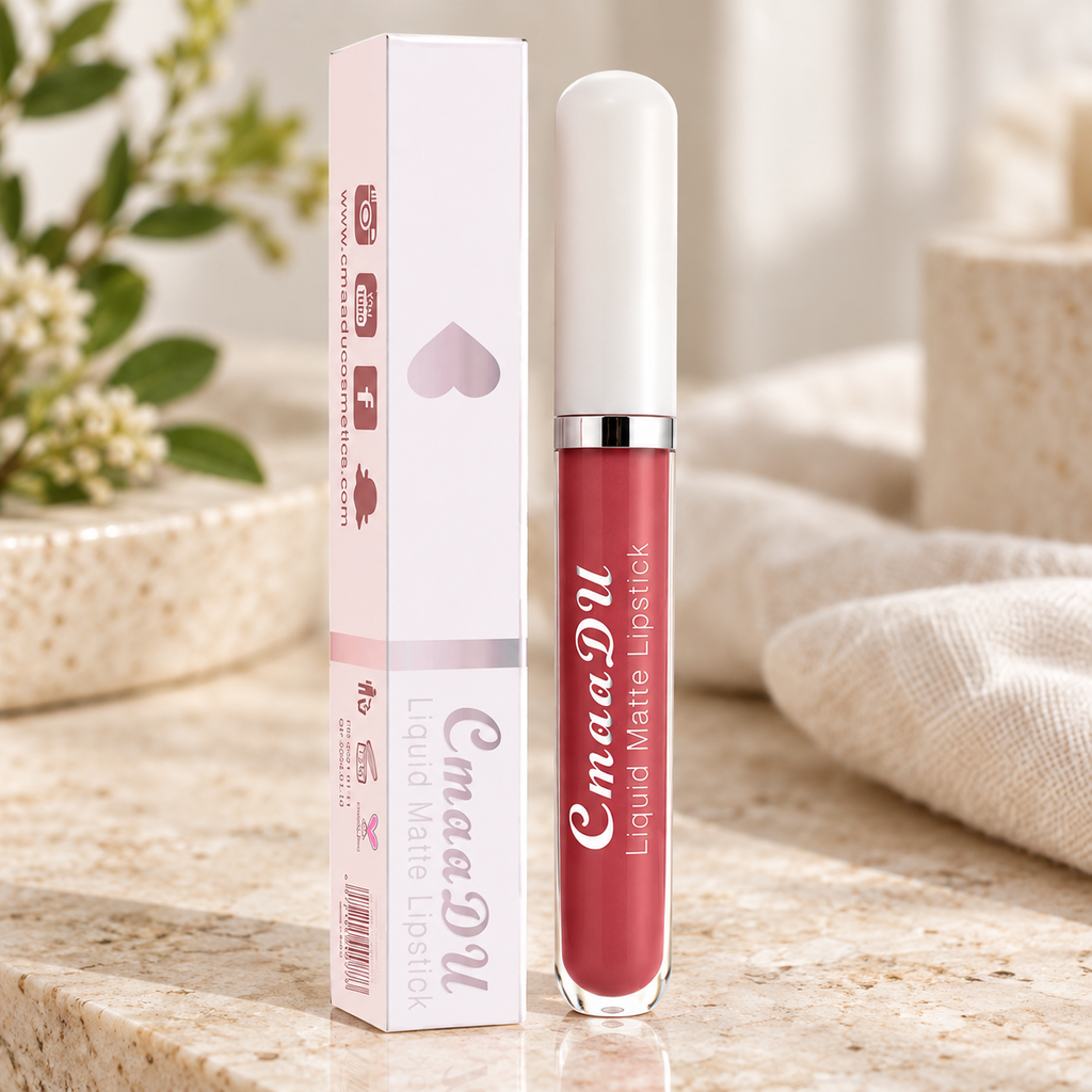 Labial Líquido Mate Larga Duración tono Nude rosado en ambiente de hogar — Vendalia