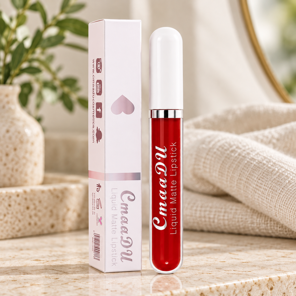 Labial Líquido Mate Larga Duración tono Rojo clásico intenso en ambiente de hogar — Vendalia