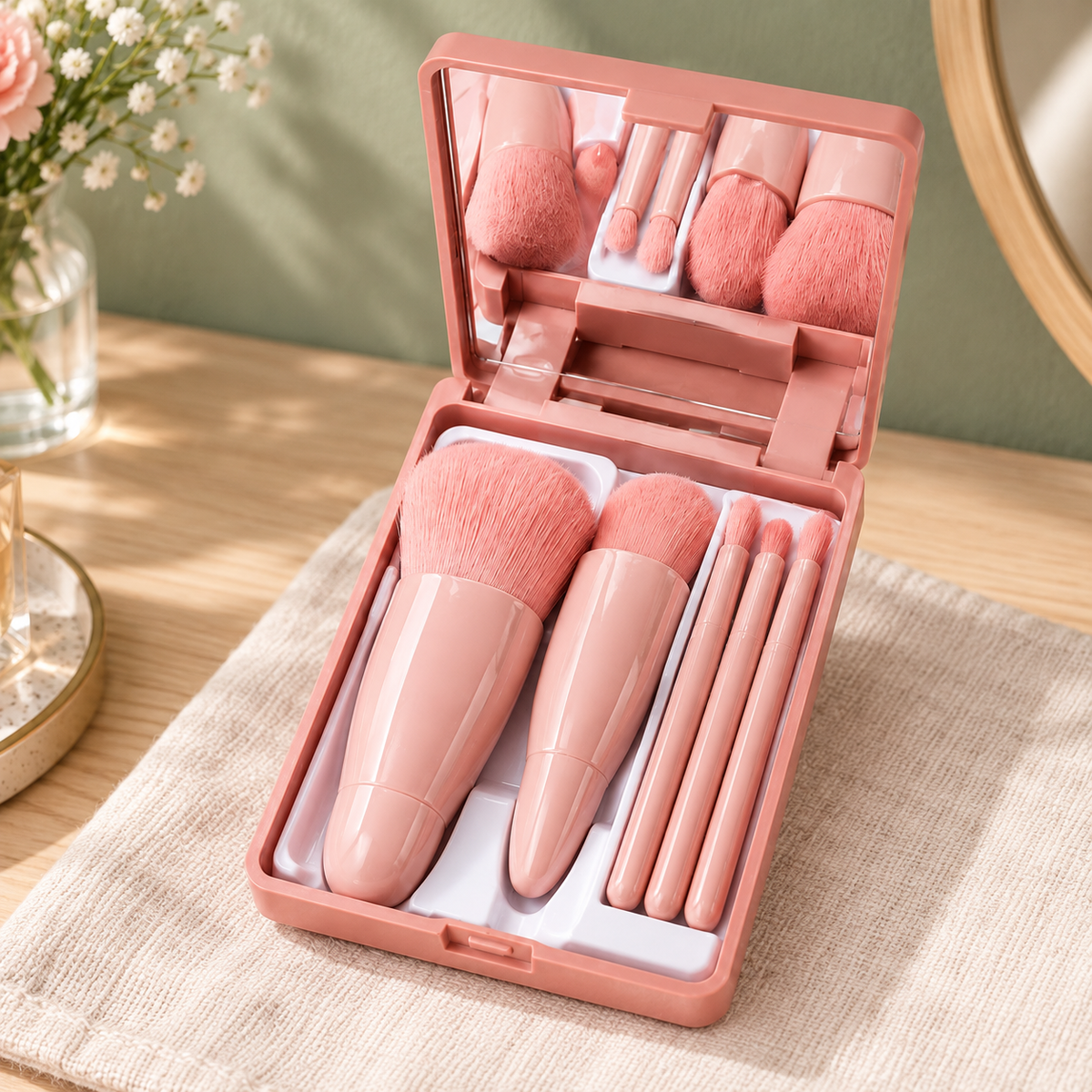Set de Brochas de Maquillaje con Estuche Compacto en ambiente de hogar — Vendalia