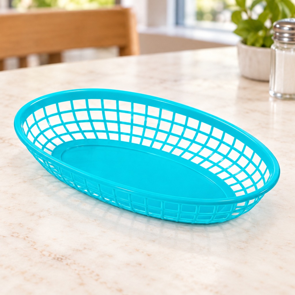 Paq 6 Canastillas Plásticas para Comida de Colores en ambiente de hogar — Vendalia. La fotografía muestra el detalle de una canastilla en un color de ejemplo; la presentación de venta es el paquete de 6 piezas y los colores se surten según disponibilidad del proveedor.